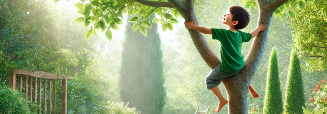 Blog: Kindern dürfen das Scheitern lernen - auch das Klettern Junge sitzt entspannt auf einer Astgabel im Baum